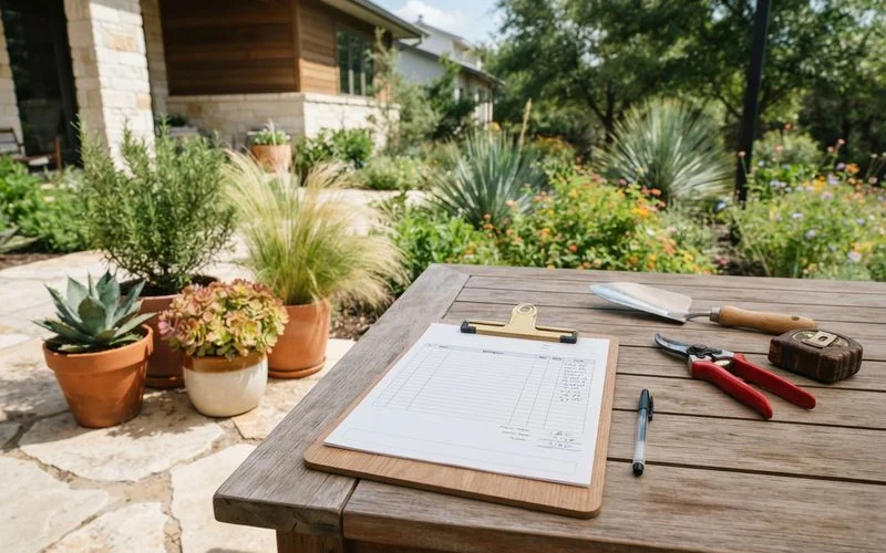 A landscaping crew installing pavers and plants in a Central Texas backyard with clay soil visible near a new patio