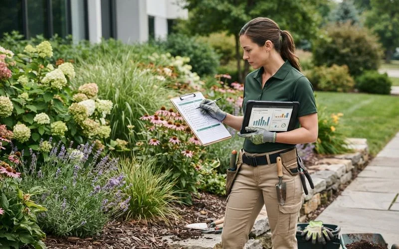 A landscaper in work gloves reviews a printed yard plan on a clipboard beside irrigation equipment in an Austin backyard