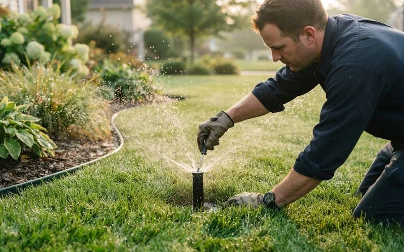 Close-up of an irrigation technician adjusting a sprinkler head next to newly installed drip line tubing in a garden bed