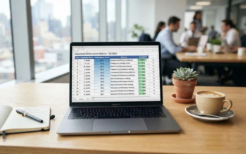 Close up of a laptop screen showing a ranked list of local landscaping businesses alongside a printed Google review summary